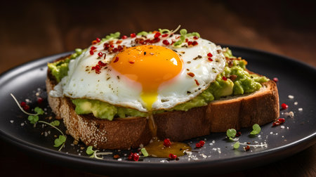 Close up of an Avacado Toast with Eggs on a Plate. Kitchen Backdropの素材