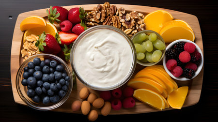 Overhead shot of a breakfast charcuterie with natural yoghurt in a glass and fresh fruits. Commercial Kitchen Backdropの素材