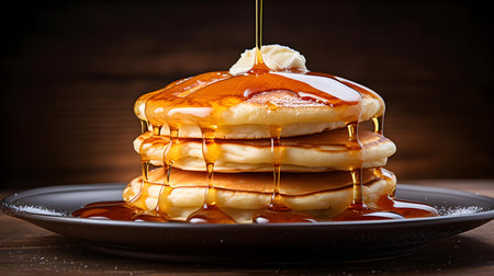 Close up of stacked pancakes with maple syrup against a blurred background. Kitchen backdropの素材