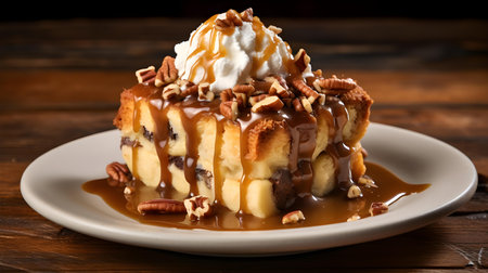 Close up of Bread Pudding with Raisins and Pecans on a Plate. Commercial Kitchen Backdropの素材