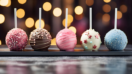 Colorful cake pops lined up in front of a blurred background. Commercial Kitchen Backdropの素材