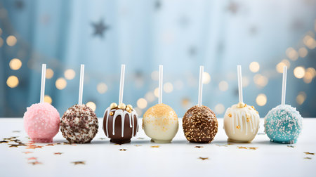 Colorful cake pops lined up in front of a blurred background. Commercial Kitchen Backdropの素材