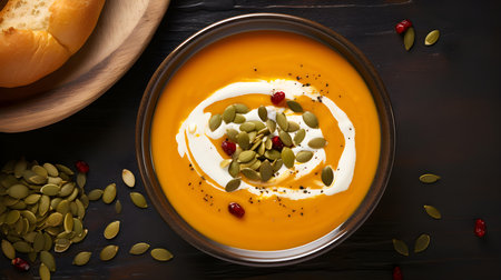 Overhead shot of a pumpkin cream soup with seeds in a bowl. Commercial Kitchen Backdropの素材
