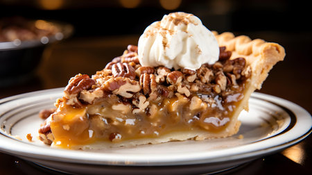 Close up of a slice of pecan pie with whipped cream on a plate. Commercial Kitchen Backdropの素材