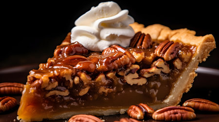Close up of a slice of pecan pie with whipped cream on a plate. Commercial Kitchen Backdropの素材