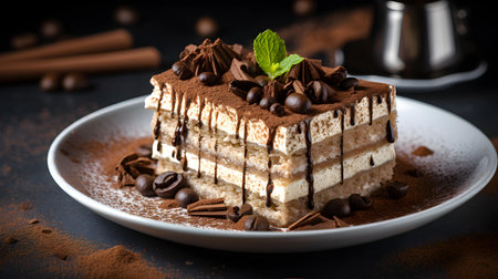 Close up of Tiramisu with chocolate powder on a plate. Commercial Kitchen Backdropの素材