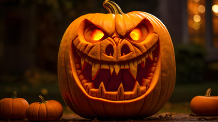 Spooky Pumpkin in front of a scary Backdrop. Halloween backgroundの素材