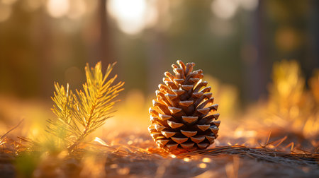 Sunset View of a Pinecone on the Ground of a Forest. Blurred Natural Backgroundの素材
