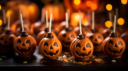 Close up of spooky Halloween pumpkin cake pops. Halloween food backdropの素材