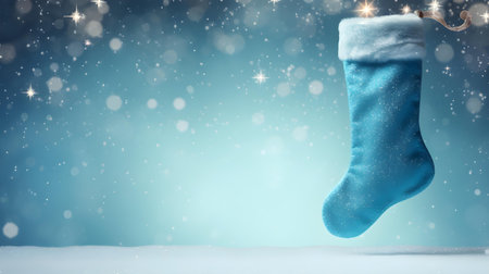 Isolated light blue Christmas stocking in front of a festive background. Cheerful Template with Copy Spaceの素材