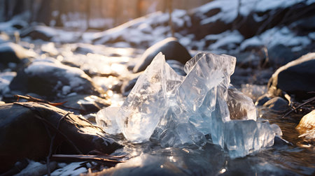 Close up of Ice Chunks floating in a River. Natural Winter Backgroundの素材