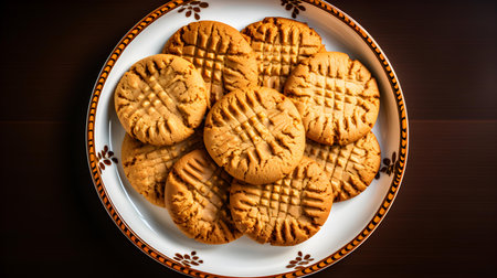 Overhead shot of baked peanut butter cookies on a plate. Close-upの素材