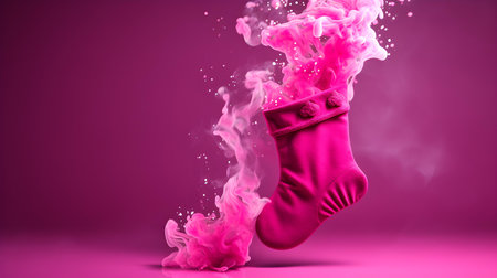 Isolated hot pink Christmas stocking in front of a festive background. Cheerful Template with Copy Spaceの素材