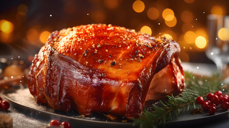 Close up of Ham glazed with Honey. Festive Kitchen Backdropの素材
