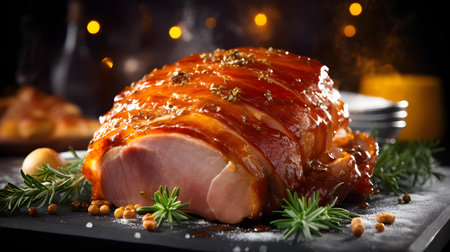 Close up of cut ham glazed with honey. Kitchen Backdropの素材