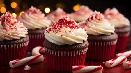 Close up Red Velvet Cupcakes topped with Candy. Festive Kitchen Backgroundの素材