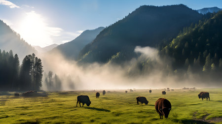 Bison Herd Grazing in Misty Mountain Valleyの素材
