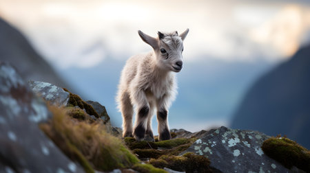 Curious Baby Mountain Goat on Rocky Terrainの素材