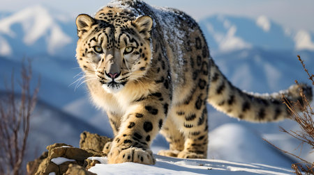 Snow Leopard walking on Rocky Snow-Covered Ridgeの素材