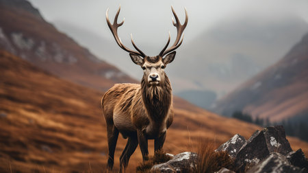 Majestic Red Deer Stag Overlooking Snowy Mountainsの素材