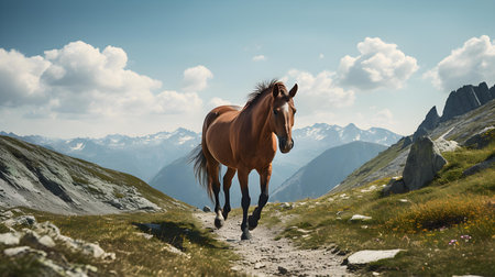 Majestic Horse Roaming in Alpine Mountain Passの素材