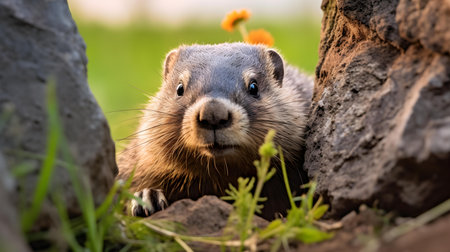 Curious Marmot peeking out from Alpine Rocksの素材