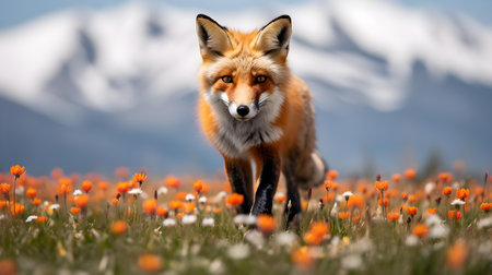 Red Fox standing in Alpine Wildflower Meadowの素材