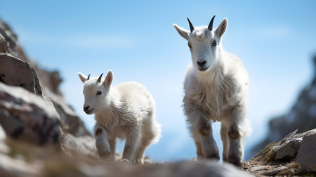 Mother Mountain Goat and Kid on a Rocky Slopeの素材