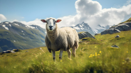 Sheep grazing in Alpine Meadowの素材