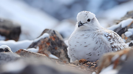 White Ptarmigan in Winter Camouflage among Rocksの素材