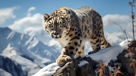 Snow Leopard walking on Rocky Snow-Covered Ridgeの素材