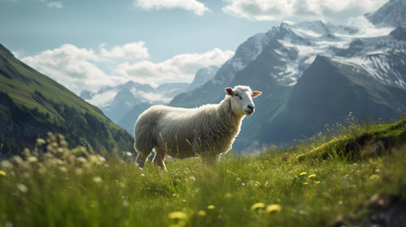 Sheep grazing in Alpine Meadowの素材