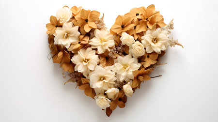 Heart-Shaped Arrangement of Light Brown Flowers on White Backgroundの素材