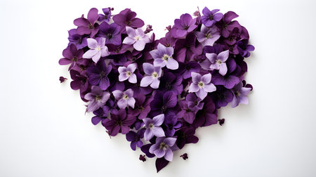 Heart-Shaped Arrangement of Dark Purple Flowers on White Backgroundの素材