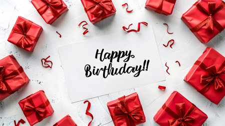 'Happy Birthday' Calligraphy on a white background surrounded by Red Presents. Modern Birthday Backdropの素材