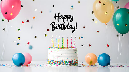 Birthday Cake and colorful Balloons on a white Background with a 'Happy Birthday' Calligraphy. Birthday card templateの素材