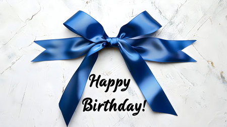 Blue Ribbon Bow on a White Background with a 'Happy Birthday' Calligraphy. Elegant Birthday Card Templateの素材