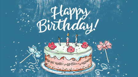 'Happy Birthday' Calligraphy on a Blue Background with an illustrated Birthday Cake. Vintage Birthday Card Templateの素材