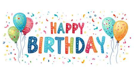 Colorful 'Happy Birthday' Typography on a white background with balloons and confetti. Template for a birthday cardの素材