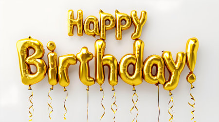 Golden 'Happy Birthday' Balloons on a white background. Template for a birthday cardの素材