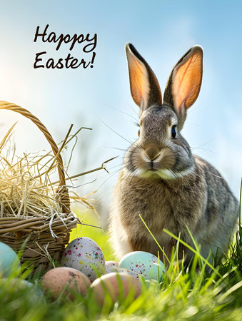 'Happy Easter!' Typography on a colorful Spring Background with a Basket of Easter Eggs and a Bunny. Lovely Easter Card Templateの素材
