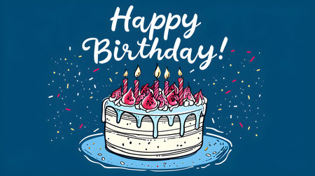 'Happy Birthday' Calligraphy on a Blue Background with an illustrated Birthday Cake. Vintage Birthday Card Templateの素材