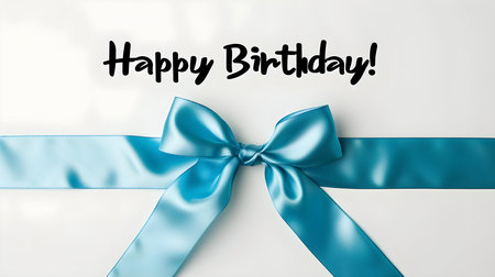 Blue Ribbon Bow on a White Background with a 'Happy Birthday' Calligraphy. Elegant Birthday Card Templateの素材