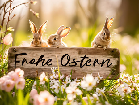 'Happy Easter' typography on a wooden sign surrounded by bunnies. Background of a beautiful spring landscapeの素材