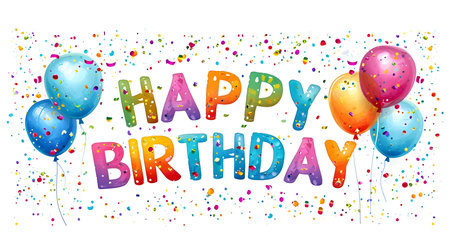 Colorful 'Happy Birthday' Typography on a white background with balloons and confetti. Template for a birthday cardの素材