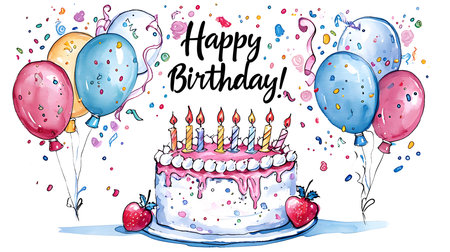 Illustrated Birthday Cake surrounded by colorful Balloons and Confetti. 'Happy Birthday' calligraphyの素材