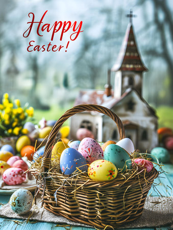 Easter card template with a basket of colorful eggs in front of a church. 'Happy Easter' Text Calligraphyの素材