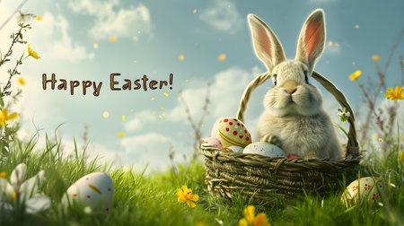 'Happy Easter!' Typography on a colorful Spring Background with a Basket of Easter Eggs and a Bunny. Lovely Easter Card Templateの素材