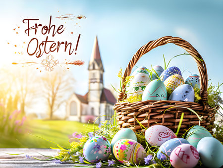 Easter card template with a basket of colorful eggs in front of a church. 'Happy Easter' Text Calligraphyの素材