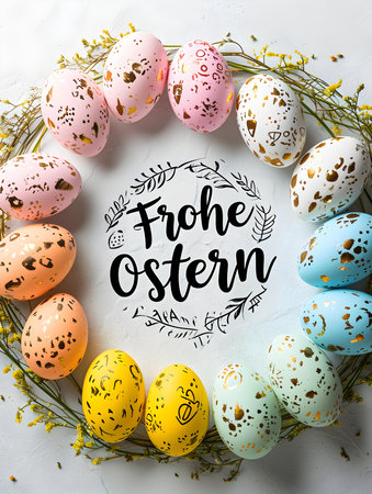 'Happy Easter' calligraphy on a white background surrounded by colorful Easter eggs. Modern Easter Card Templateの素材